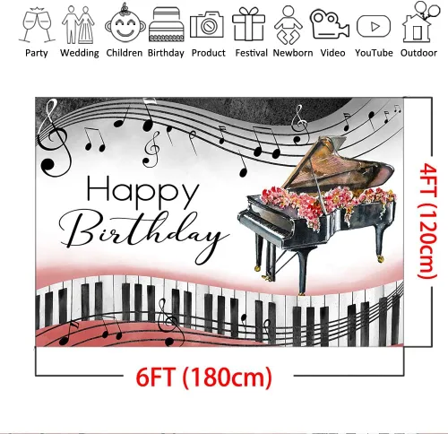Miniatura 4 de Mocsicka Fondo de cumpleaños de piano, tema musical, decoraciones de cumpleaños, notas de piano, teclas, suministros de fiesta de cumpleaños