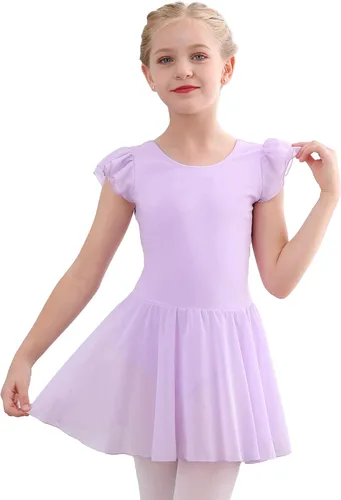 Stelle Leotardos de ballet para niñas, leotardo de baile con falda, traje de ballet rosa, manga con volantes, vestido de baile para niños