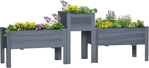 Miniatura 34 de Outsunny Cama de Jardín Elevada con 3 Jardineras, Soporte de Plantas de Madera con Orificios de Drenaje, para Verduras, Hierbas y Flores, Gris