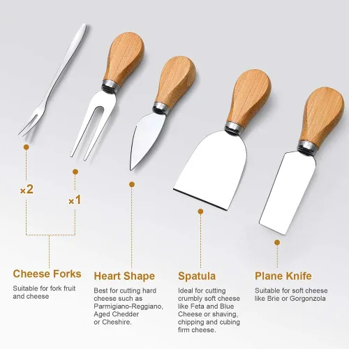 Miniatura 4 de Juego de tablas de queso de bambú, tablas de charcutería y plato de carne para servir, bandeja de queso con 4 cuchillos de queso de acero