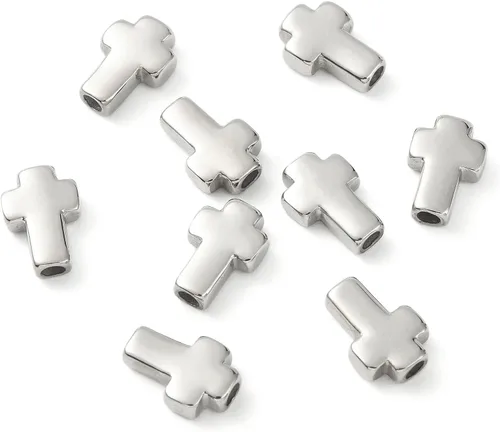 Miniatura 14 de LiQunSweet 10 cuentas europeas de acero inoxidable esmaltadas negras de 0.197 in con agujero grande, cuentas planas redondas cruzadas espaciadoras