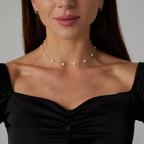 Miniatura 2 de ASCOMY Delicados collares de perlas para mujer, chapados en oro de 14 quilates, grueso, media perla, cadena de palanca, minimalista, con clip