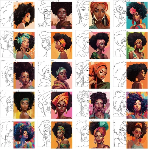 Sherr 20 Piezas Lienzo Estirado Predibujado Arte Negro Reina Afro para Pintar para Adultos Contorno Predibujado Lienzo de Algodón Estirado para