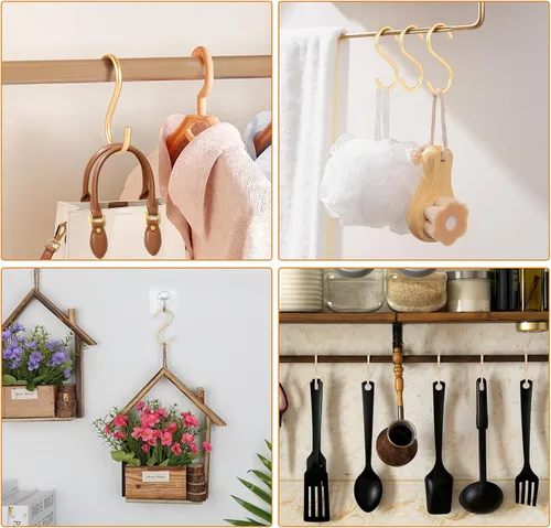 Miniatura 6 de SIAMESE Ganchos en S de aluminio, paquete de 10 unidades de tamaño mediano en color dorado para colgar plantas, jeans, tazas en armario, cocina