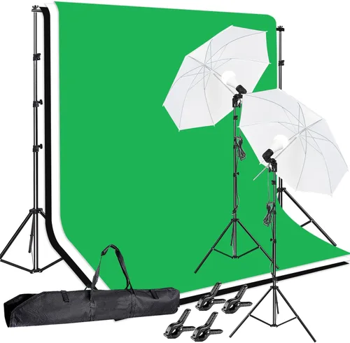 Estudio de video fotográfico de 10 x 8.5 pies con fondo de muselina (verde/blanco/negro) y kit de iluminación LED de 85 W 5500K y paraguas, kit de