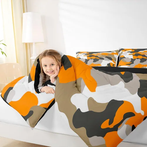 Miniatura 7 de Feelyou Juego de edredón de camuflaje naranja para niños, tamaño individual, juego de ropa de cama de camuflaje estilo militar para niños y niñas