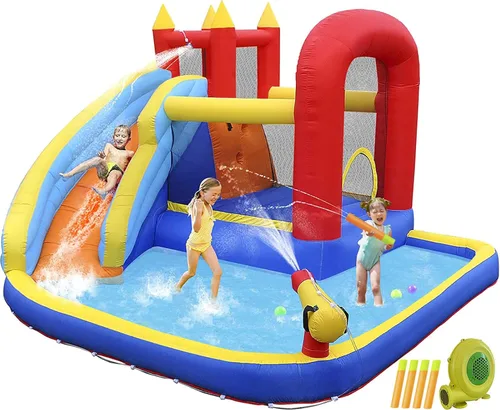 Miniatura 10 de JOYLDIAS Casa inflable de rebote para niños, parque acuático inflable de lujo resistente con toboganes dobles, pared de escalada, piscina y toldo