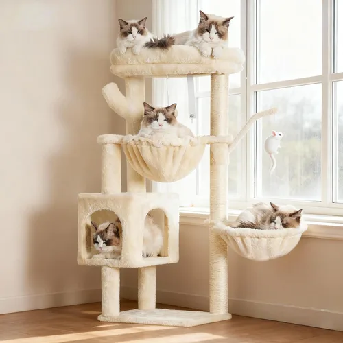 Heybly Árbol para Gatos, Torre Condo de 39.4 Pulgadas con Poste Rascador, Torre para Gatos de Interior, Poste de Sisal Completamente Envuelto,