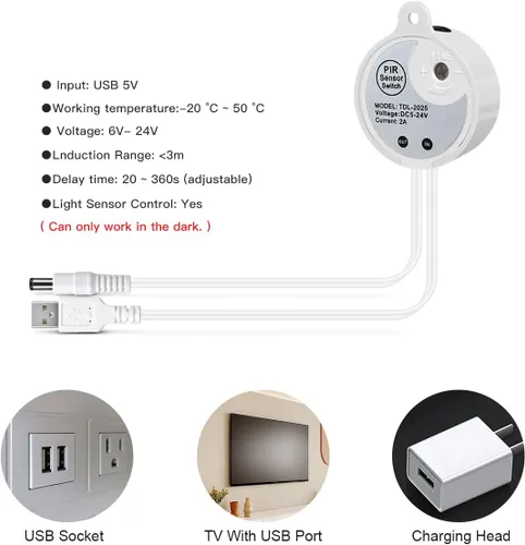 Miniatura 5 de Tira de luces LED con sensor de movimiento COB, luces de tira LED de neón con sensor de movimiento USB de 5 V, tira de luz LED impermeable de 6.56