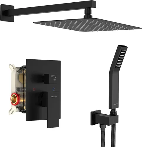 SR SUN RISE Juego de cabezal de ducha de lluvia cuadrado negro y manija, accesorios de ducha montados en la pared, kits de reparación de grifo de