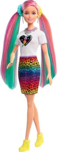 Miniatura 4 de Barbie Muñeca de pelo arcoíris de leopardo con reflejos que cambian de color y 16 accesorios de estilo, incluyendo ropa, coleteros, cepillo y más