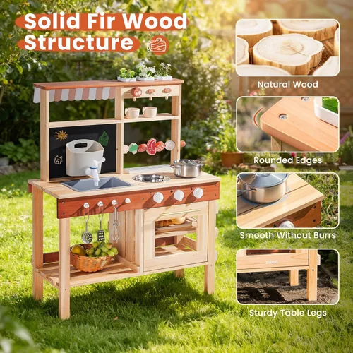 Miniatura 4 de ROBOTIME Kids Mud Kitchen, Wooden Mud Kitchen for Kids Outdoor with Real Water Play Sink, BBQ Grill, Coffee Maker & Planting Station, Large Storage