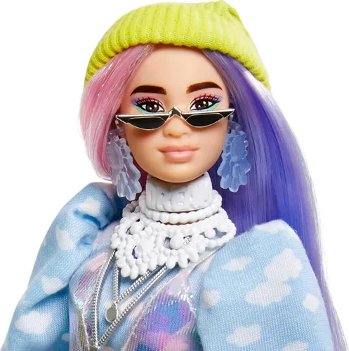 Miniatura 5 de Muñeca Barbie Extra y accesorios con aspecto brillante, cabello de fantasía rosa y morado y gorro de neón con cachorro mascota Blanco