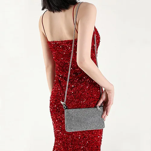Miniatura 5 de Silver Clutch Women Rhinestone Evening Bag Wedding Crystal Bride Engagement Purse Fold Over Chain Crossbody Shoulder Bag