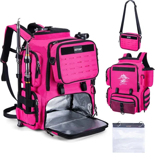 Miniatura 9 de Mochila de pesca Goture, mochila de equipo de pesca resistente al agua de 900D con soportes para cañas, bolsa de equipo de pesca de gran Rosa