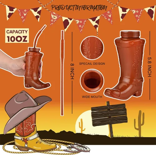Miniatura 2 de ALINK Copas de botas de vaquero con pajitas y tapas, 12 tazas de vaquero de 10 onzas para fiesta infantil para fiestas temáticas de rodeo
