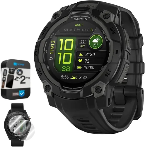 Garmin Instinct - Reloj inteligente GPS para exteriores de 3 a 1.772 in, AMOLED, color negro con banda negra, paquete 010-02936-00 con 2 años de