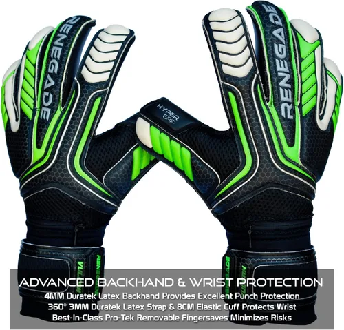 Miniatura 5 de Guantes de portero Renegade GK Vulcan con protección antimicrobiana (tallas 6-11, 4 estilos, nivel 3) Protectores de dedos Pro-Tek y agarre Hyper