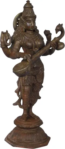 Miniatura 2 de Exotic India Saraswati de pie - Escultura de latón - Color bronce Hue