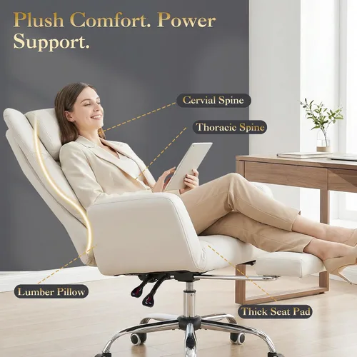 Miniatura 6 de Silla de oficina ejecutiva de respaldo alto con reposapiés, piel sintética reclinable, soporte lumbar, estilo entrecruzado, reclinación de 155° Beige