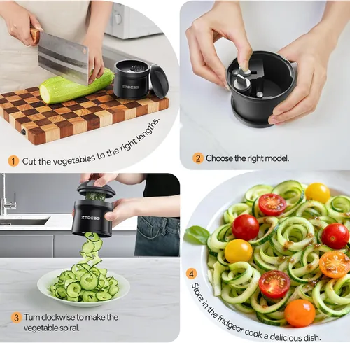Miniatura 4 de Cortador espiralizador de verduras 4 en 1, grosor ajustable de 0.000-0.118 in, espiralizador de calabacín para preparar fideos vegetarianos