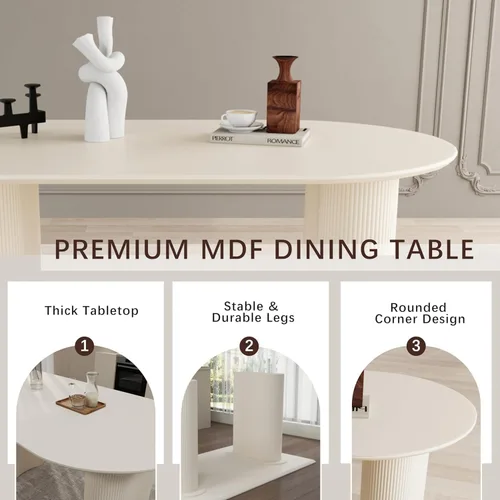 Miniatura 5 de Juego de mesa de comedor moderna para 6, 7 piezas, color crema, mesa de comedor ovalada blanca de 63 pulgadas con 6 sillas beige para apartamento, 1