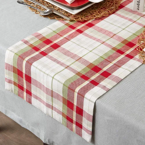 Miniatura 6 de DII - Camino de mesa estilo Orchard con cuadros, colección de elementos esenciales de mesa de lino, 14 x 108 pulgadas, color gris pardo/rojo