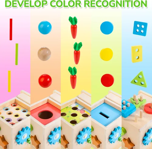 Miniatura 4 de JUSTWOOD Juguetes Montessori para niños de más de 1 año, kit de juego de madera 8 en 1, incluye caja permanente de objetos, cubo de actividades
