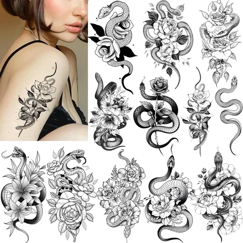 Tazimi Tatuajes temporales de serpiente, 12 hojas 3D negras realistas de serpiente, rosa, tatuajes florales, calcomanías grandes y sexys de