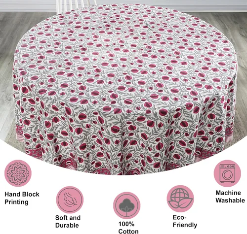 Miniatura 3 de Ridhi Mantel redondo con estampado de bloque a mano, 100% algodón, reutilizable, rojo sangría de 110 pulgadas, mantel decorativo para uso diario