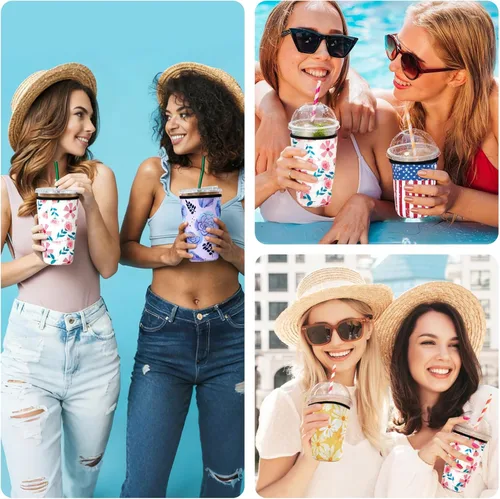 Miniatura 7 de Paquete de 3 fundas reutilizables de neopreno para café helado, a prueba de sudor y aisladas, se adapta a tazas de 16 a 32 onzas, protector