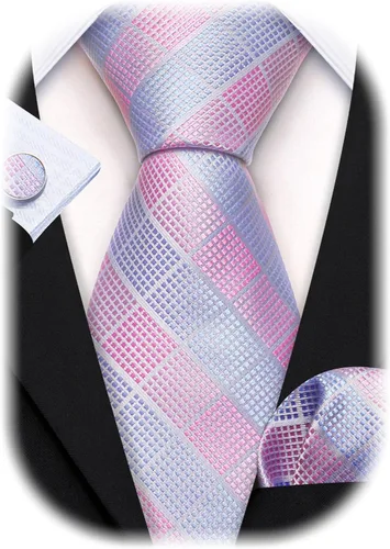 Miniatura 125 de Barry.Wang Juego de corbatas a cuadros para hombre con pañuelo gemelos de rayas clásicas