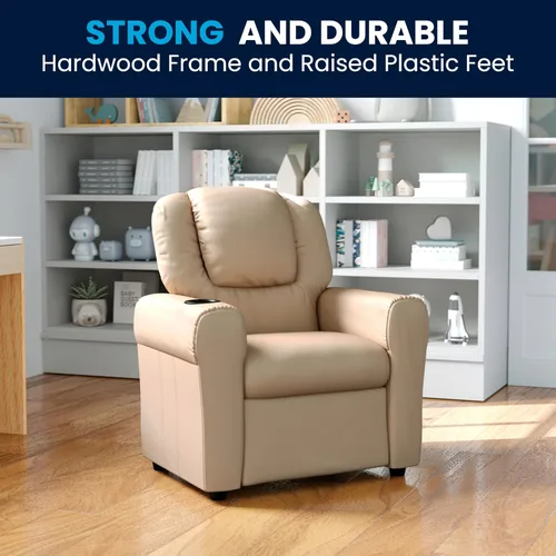 Miniatura 4 de Flash Furniture - Sillón reclinable contemporáneo para niños, color beige vinilo con base para vasos y reposacabezas