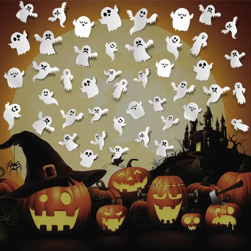 Miniatura 5 de Calcomanías 3D de fantasmas de Halloween, 42 unidades, reutilizables, autoadhesivas, blancas, para decoración de pared, suministros de fiesta
