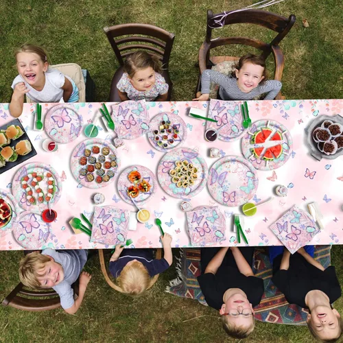 Miniatura 7 de Suministros de fiesta de cumpleaños de mariposas, platos de papel desechables, servilletas, vasos, mantel y pancarta para decoración de cumpleaños