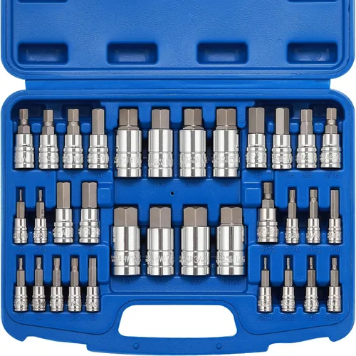 EMENTOL Juego de llaves hexagonales de 33 piezas, 1/4", 3/8" y 1/2", broca Allen SAE y métrica, CR-V, acero S2, juego de llaves hexagonales maestras