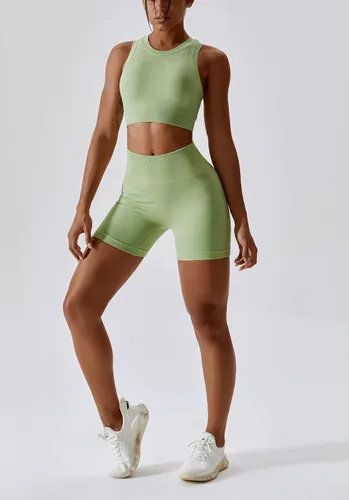 Miniatura 50 de Conjuntos de entrenamiento para mujer, 2 piezas, sin costuras, acanalada, sin mangas, brasier deportivo, cintura alta, pantalones cortos