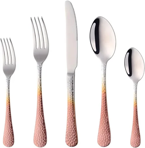 Miniatura 8 de Juego de cubiertos martillados, 20 piezas, cubiertos de cocina de acero inoxidable de alta calidad, esmalte de espejo, aptos para lavavajillas