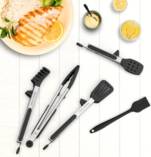 Miniatura 4 de Paquete de 5 pinzas de silicona para cocinar, 4 pinzas de cocina de 13 pulgadas con puntas de silicona, pinzas de acero inoxidable antiadherentes