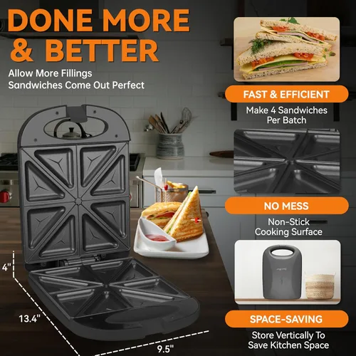 Miniatura 4 de Baker’s Friend Sandwichera para Desayuno, Prensa de Parrilla para Panini de 4 Rebanadas, Sandwichera Eléctrica con Luz Indicadora, Sandwichera