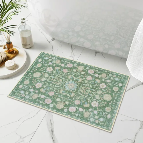 Miniatura 15 de Uphome Alfombra de baño bohemia con diseño floral beige, ultra suave, antideslizante, vintage, lavable a máquina, alfombra de baño floral para baño