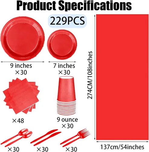 Miniatura 2 de Juego de 229 piezas de suministros rojos para fiestas, platos desechables de papel, vasos, cucharas de plástico, tenedores, cuchillos, servilletas