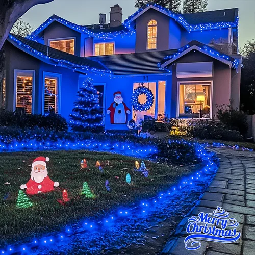 Miniatura 2 de JMEXSUSS 600 luces LED solares azules de Navidad, 206.7 pies, luces azules de Navidad al aire libre, impermeables, 8 modos de luz solar al aire