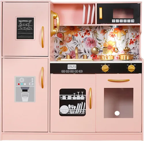 Miniatura 9 de TOUCH US Juego de Cocina de Madera para Niños con Luz, Juego de Cocina de Juguete de Pretensión para Niños, Fregadero Juguete Horno con Microondas