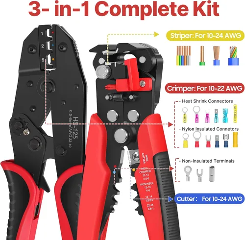 Miniatura 2 de Kuject Kit de pelacables y herramienta de crimpado, 3 en 1 autoajustable para pelar cables de 10-24 AWG con juego de herramientas de crimpado