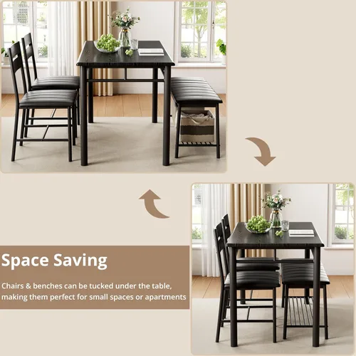 Miniatura 6 de IRONCK Juego de mesa de comedor para 4, mesa de cocina con banco tapizado y 2 sillas, juego de mesa de cocina y sillas para espacio pequeño, Negro