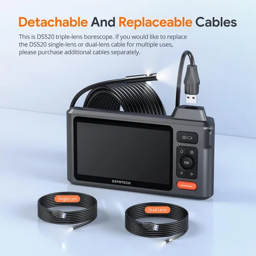 Miniatura 8 de Herramienta de boroscopio de triple lente, cámara endoscopio DEPSTECH con pantalla IPS de 5 pulgadas y luces, cámara de inspección de alcantarillado