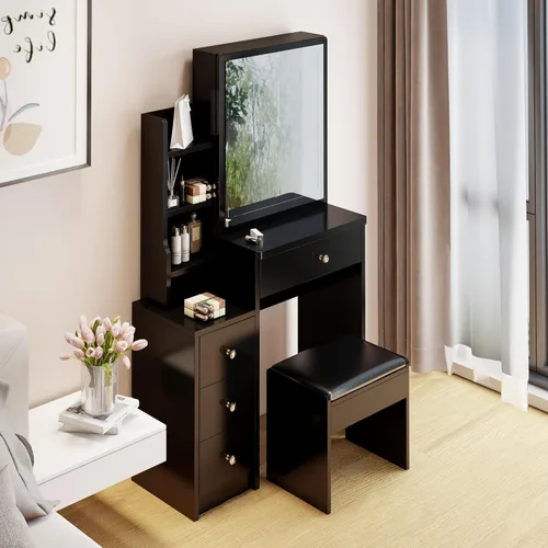 Miniatura 8 de BNSPLY 29.2" W Small Vanity Desk with Sliding Mirror, Black Makeup Vanity Set with 4 Drawers and 5 Shelves, Dressing Table with Cushion Stool for