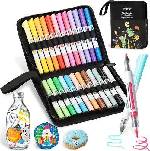 Ohuhu Marcadores de pintura acrílica, puntas dobles, 24 colores, pincel y bala, control automático de tinta, marcadores acrílicos de alta opacidad,