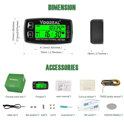 Miniatura 7 de Yooreal Medidor Digital de Temperatura del Motor, Tacómetro y Medidor de Horas, Sonda de Temperatura Removible, Impermeable para Motonieve, Soplador